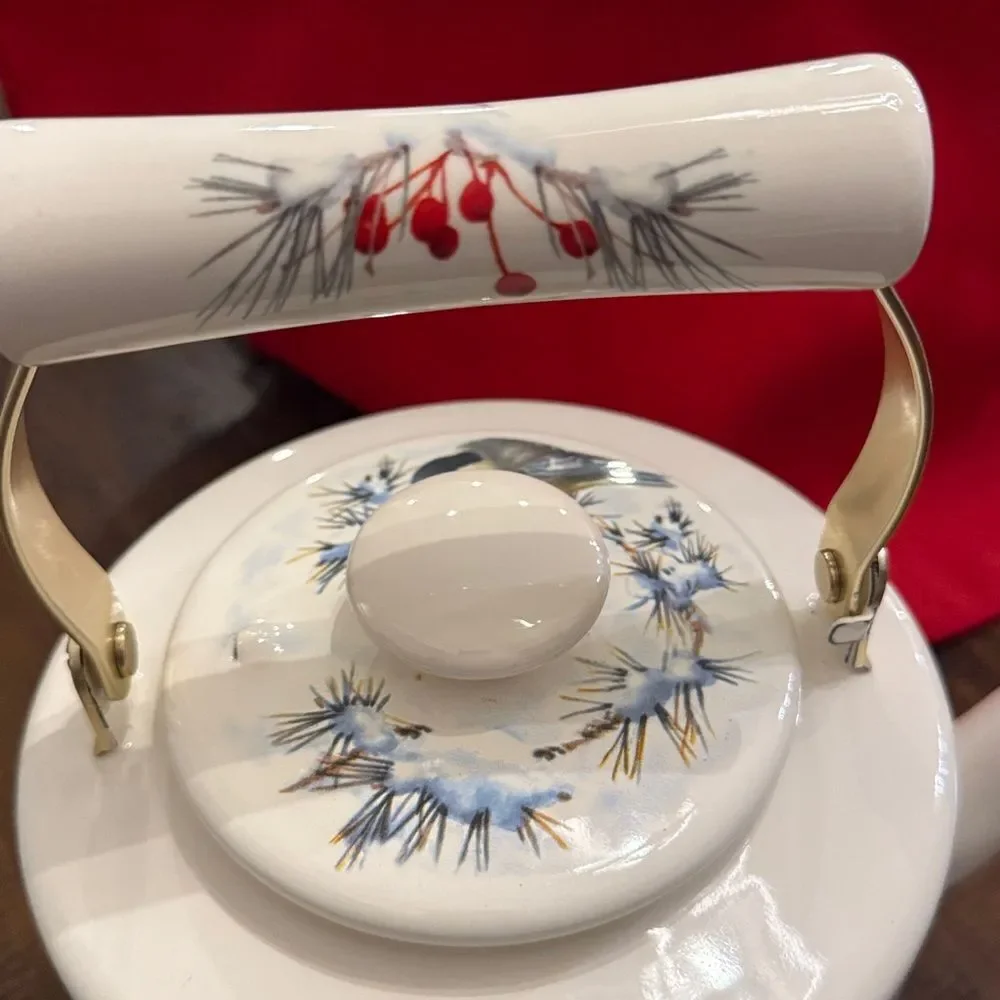 Vintage Lenox winter greetings, enamelware tea pot with a cardinal and chickadee